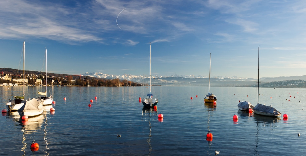 Schiffe und Boien auf dem Zürichsee. Im Hintergrund das Bergpanorama.